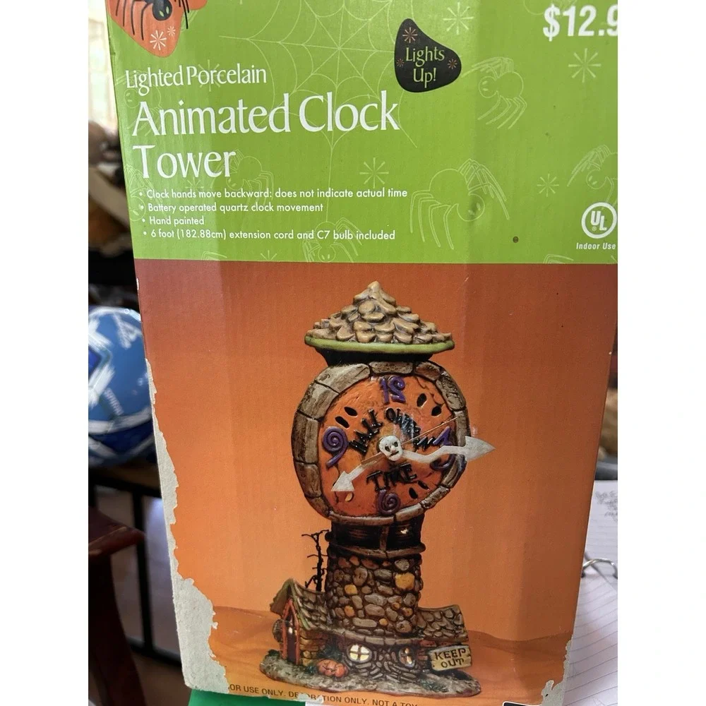 CLASSIC ANIMATED CLOCK TOWER LIGHTED PORCELAIN HALLOWEEN PROP RARE‎